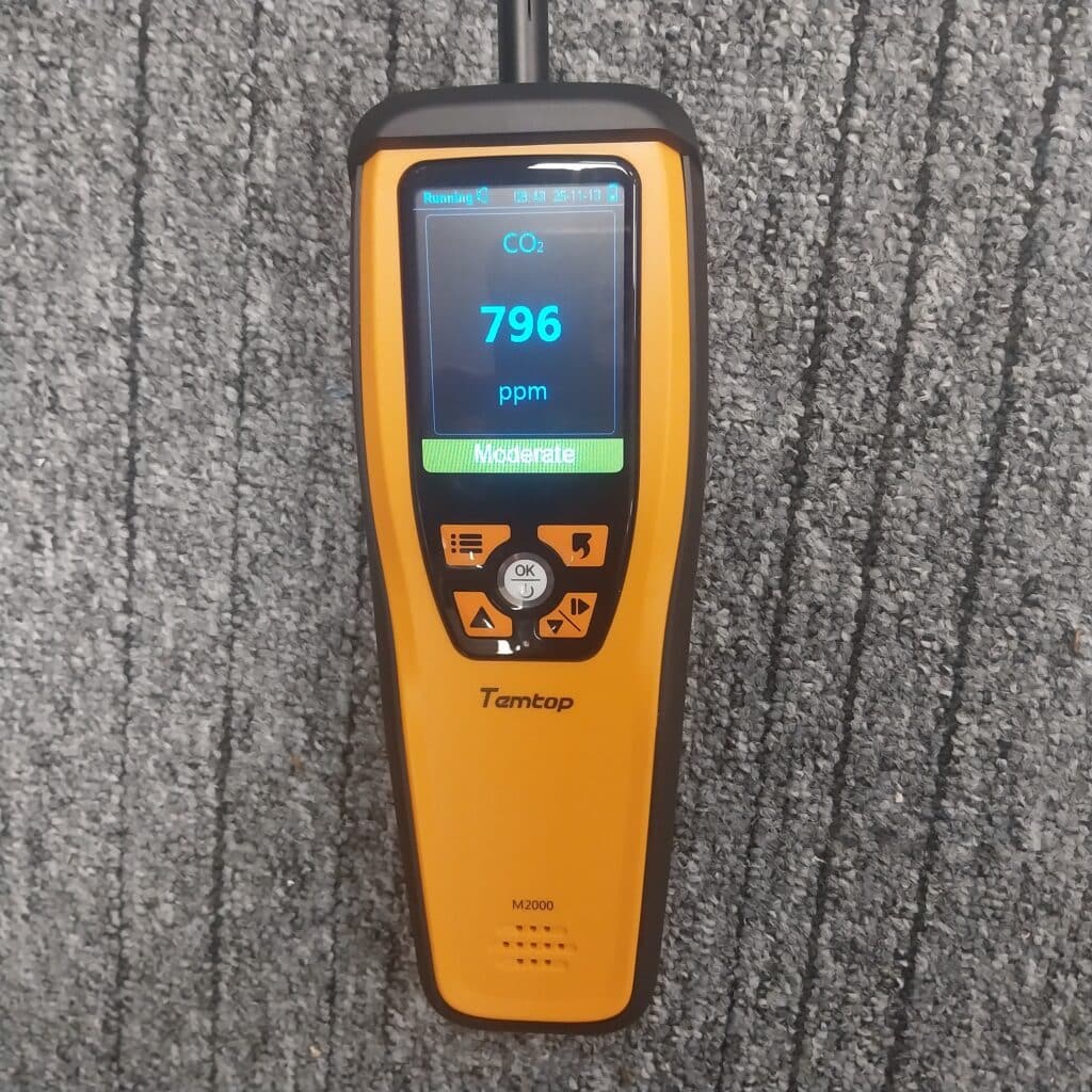 Air quality monitor, showing slightly higher than ideal CO2 levels (700ppm is the upper level of normal)